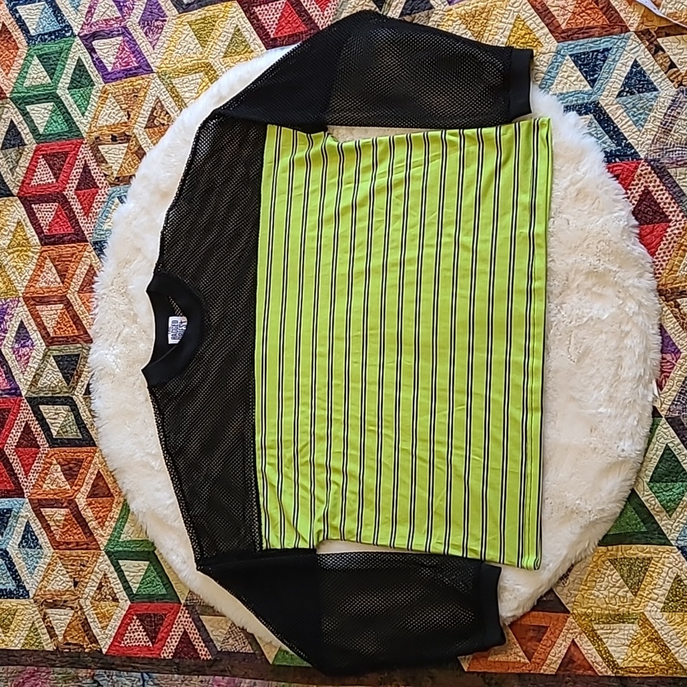 ASOS The Ragged Priest Green Stripe Black Mesh Panel Long Sleeve Casual Top